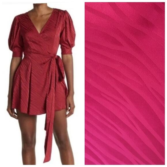 Ronny Kobo Ana Wrap Dress, Size Small, Red Satin Zebra Print, Puff Sleeve - Picture 1 of 10